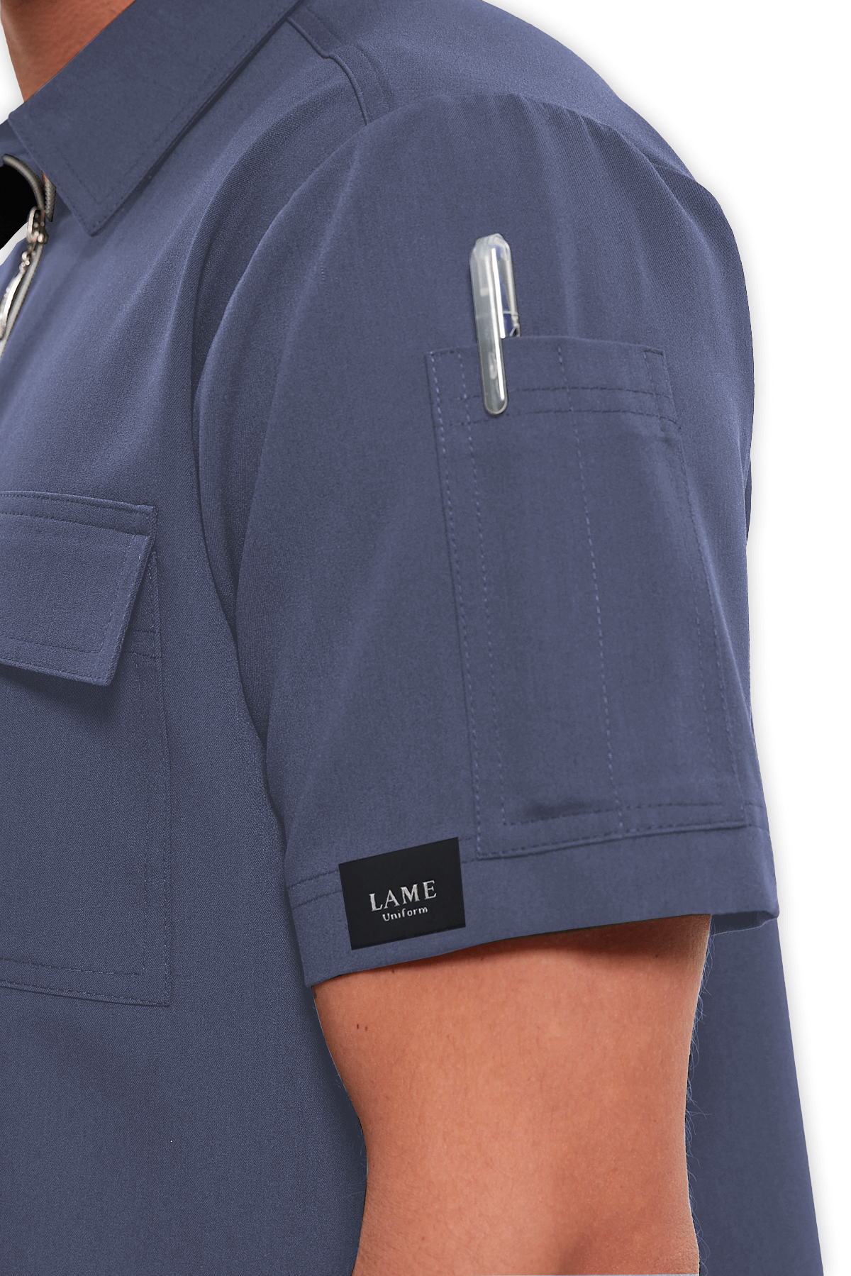 LAME Uniform Erkek Scrubs Üst Polo Yaka Fermuarlı – Açık Gri