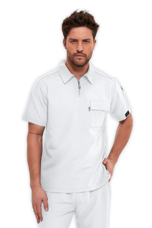 LAME Uniform Erkek Scrubs Üst Polo Yaka Fermuarlı – Beyaz