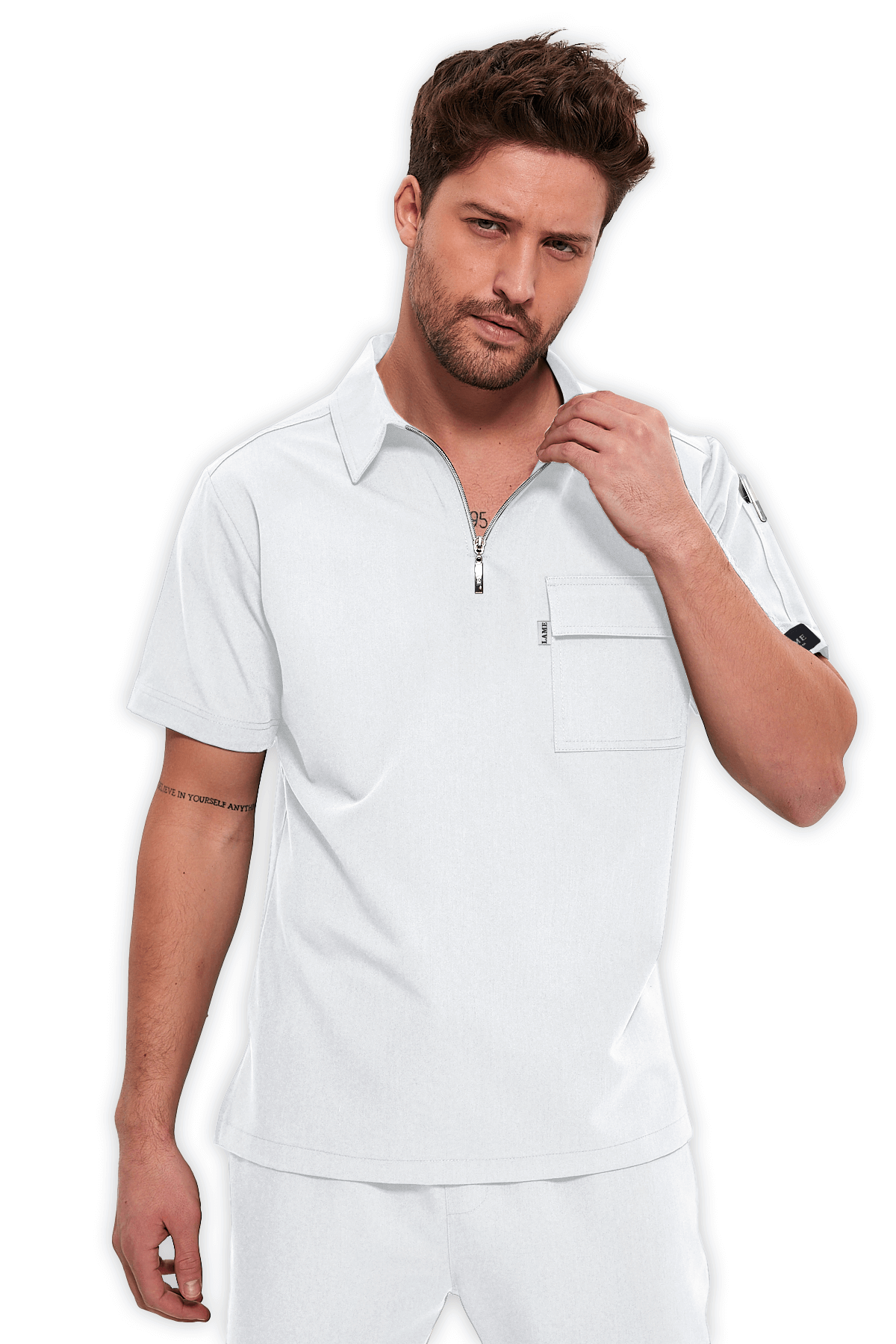LAME Uniform Erkek Scrubs Üst Polo Yaka Fermuarlı – Beyaz