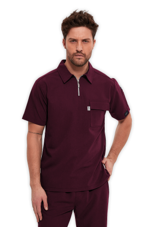 LAME Uniform Erkek Scrubs Üst Polo Yaka Fermuarlı – Bordo
