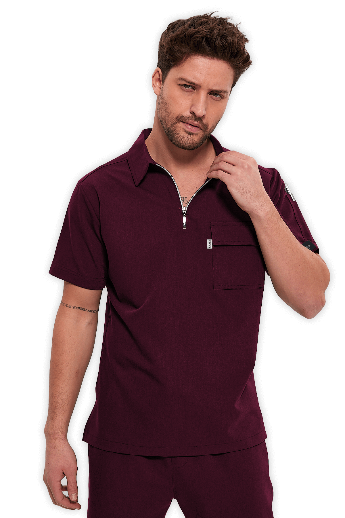 LAME Uniform Erkek Scrubs Üst Polo Yaka Fermuarlı – Bordo