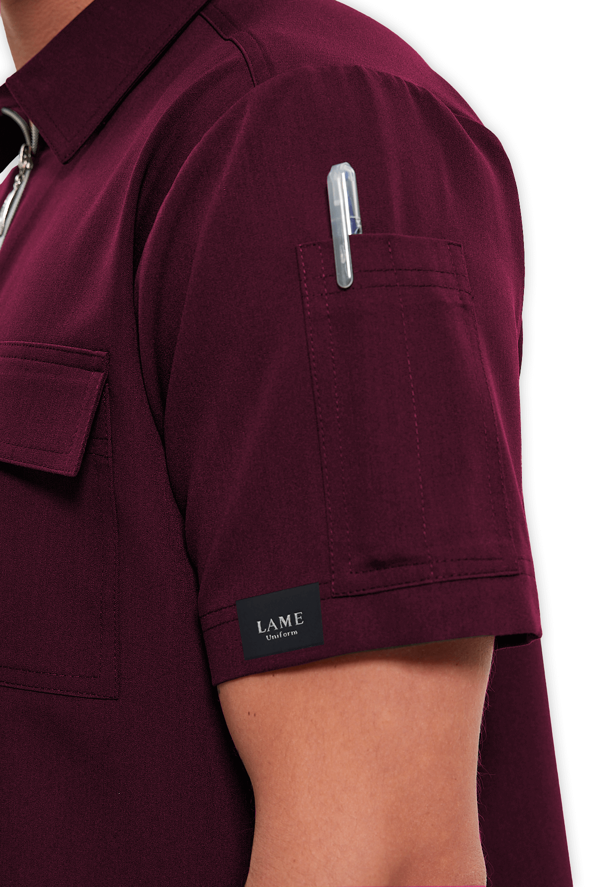 LAME Uniform Erkek Scrubs Üst Polo Yaka Fermuarlı – Bordo