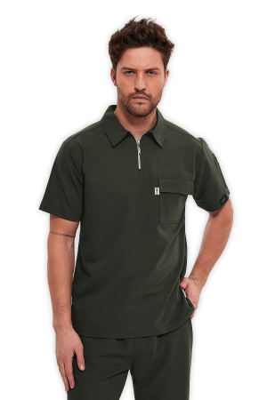 LAME Uniform Erkek Scrubs Üst Polo Yaka Fermuarlı – Haki