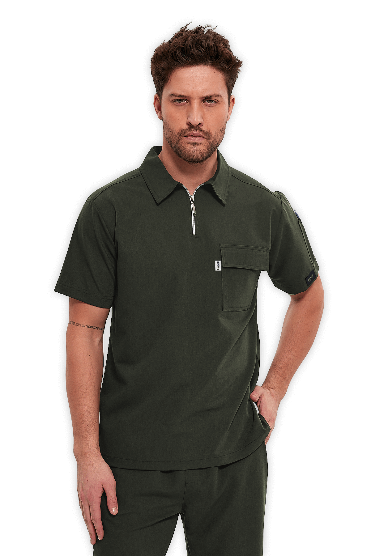 LAME Uniform Erkek Scrubs Üst Polo Yaka Fermuarlı – Haki
