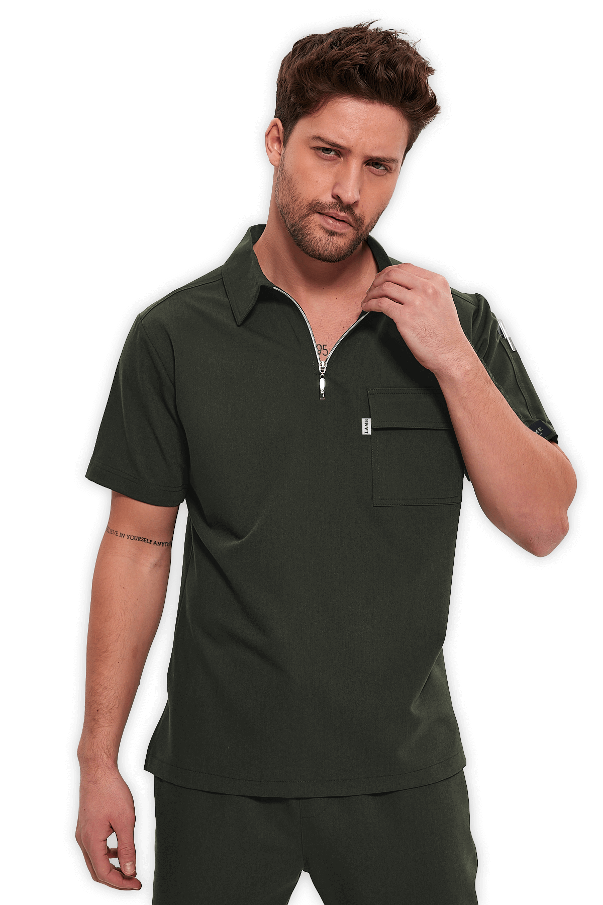 LAME Uniform Erkek Scrubs Üst Polo Yaka Fermuarlı – Haki