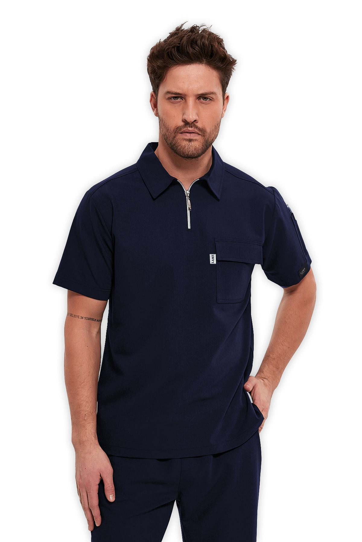 LAME Uniform Erkek Scrubs Üst Polo Yaka Fermuarlı – Lacivert