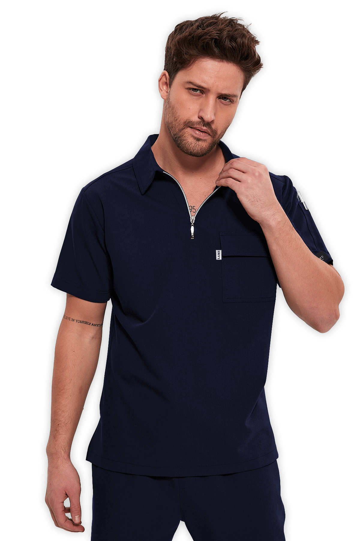 LAME Uniform Erkek Scrubs Üst Polo Yaka Fermuarlı – Lacivert