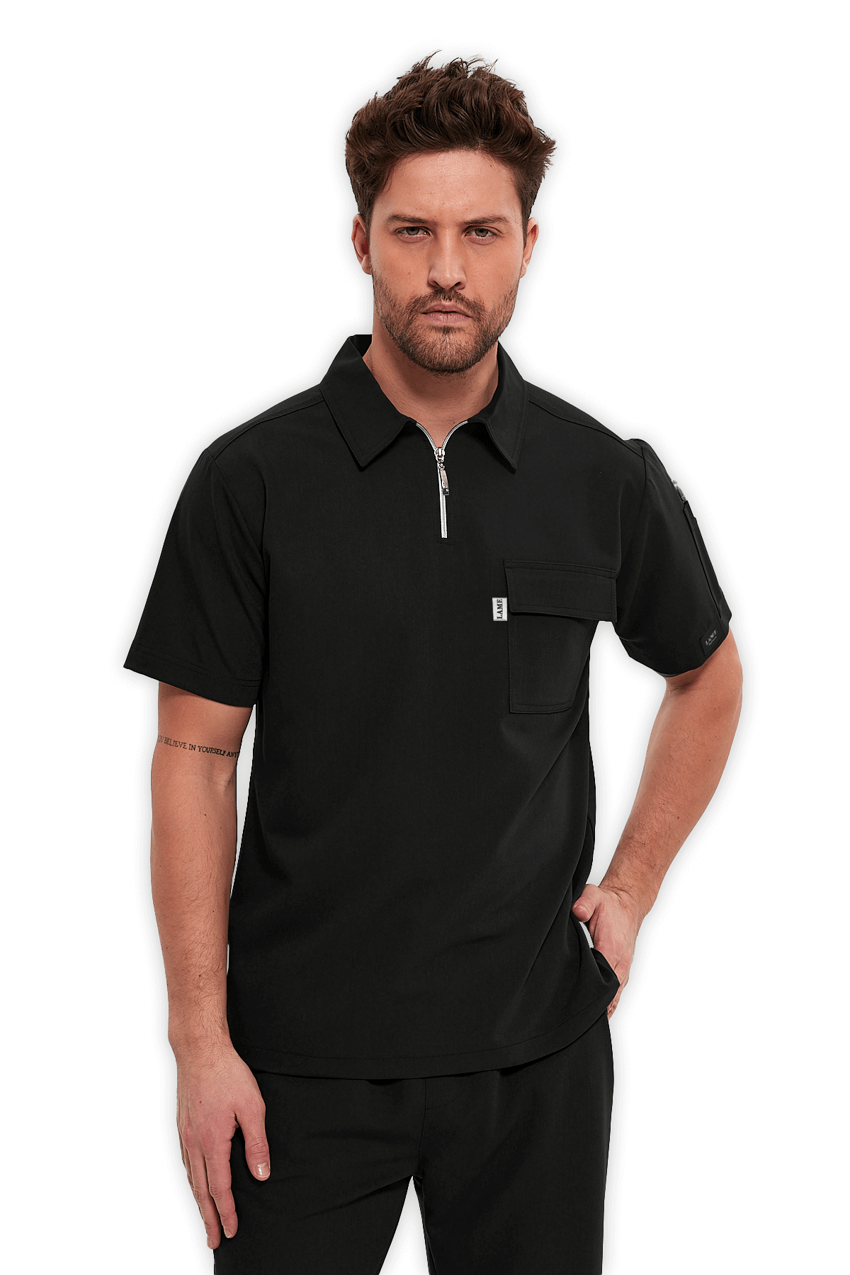 LAME Uniform Erkek Scrubs Üst Polo Yaka Fermuarlı – Siyah