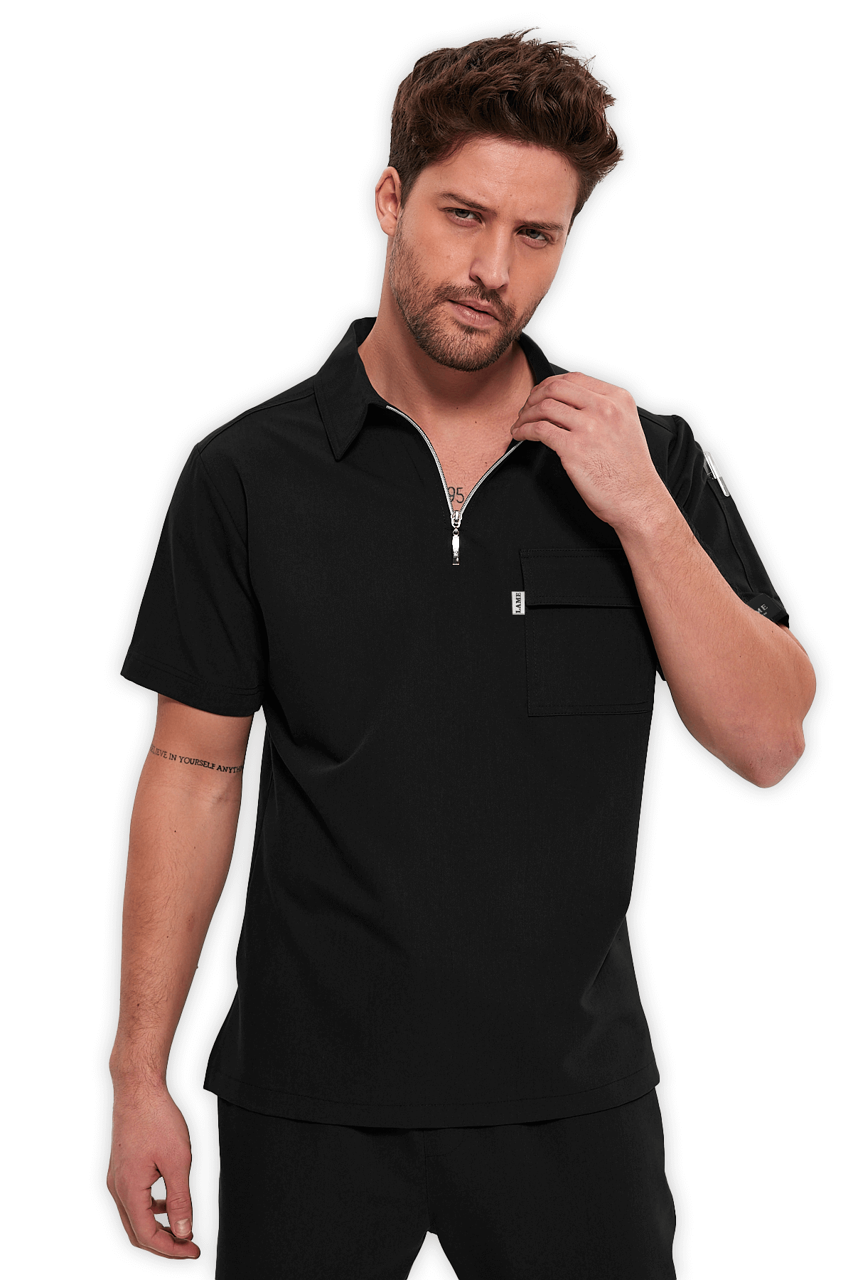 LAME Uniform Erkek Scrubs Üst Polo Yaka Fermuarlı – Siyah