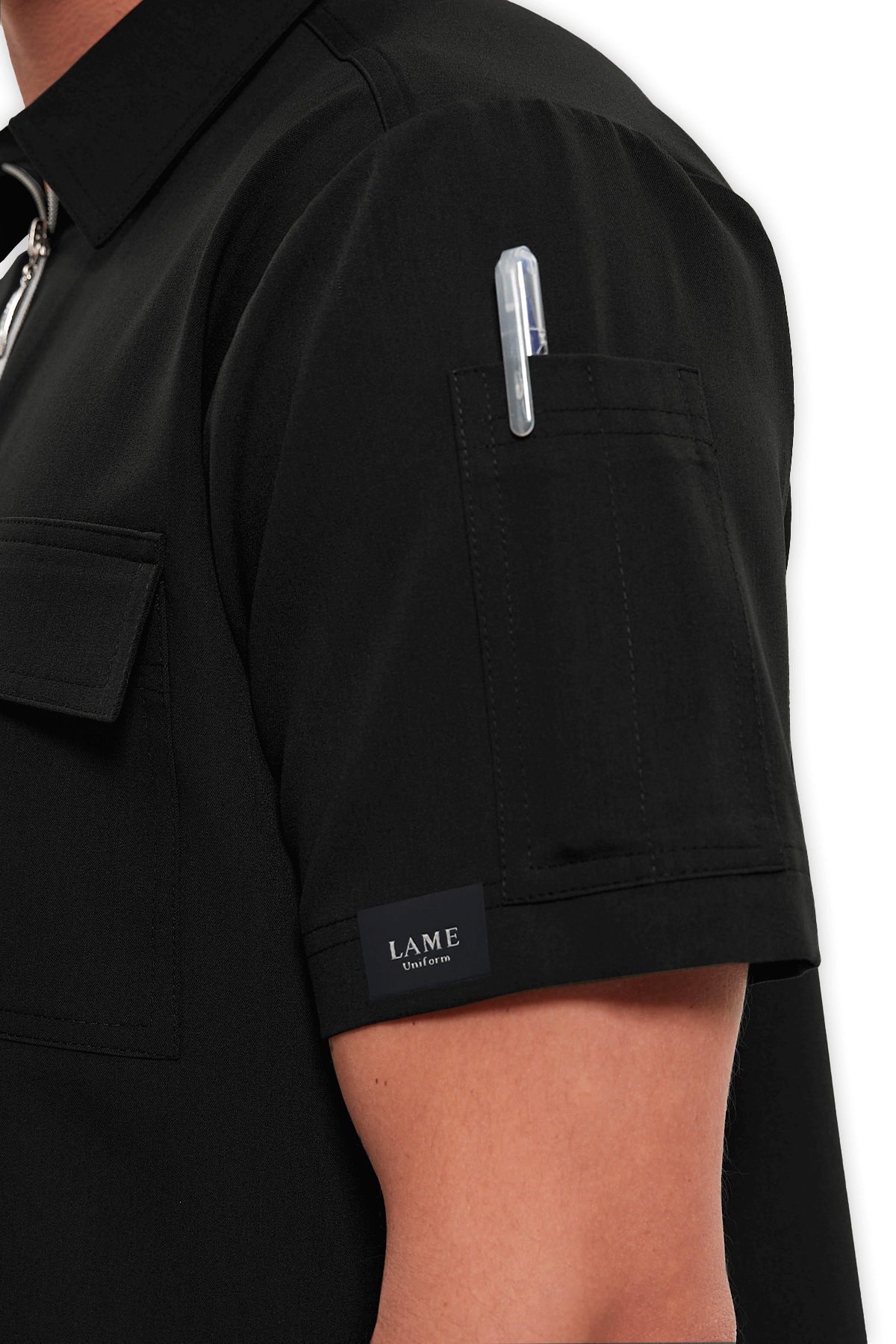 LAME Uniform Erkek Scrubs Üst Polo Yaka Fermuarlı – Siyah