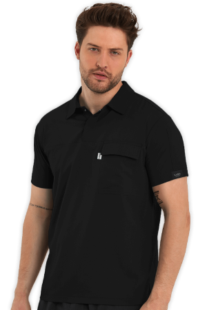LAME Uniform Erkek Scrubs Üst Polo Yaka – Siyah