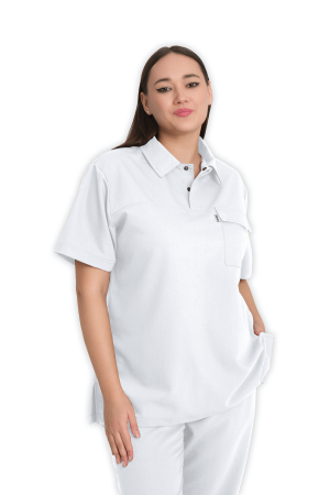 LAME Uniform Kadın Scrubs Üst Polo Yaka – Beyaz
