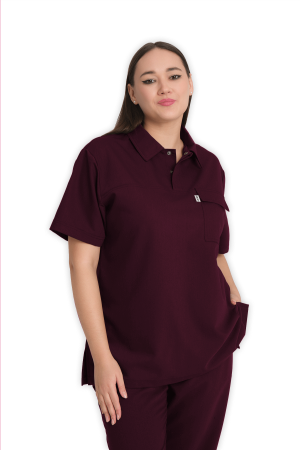 LAME Uniform Kadın Scrubs Üst Polo Yaka – Bordo