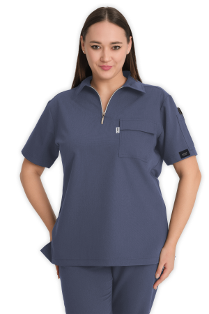 LAME Uniform Kadın Scrubs Üst Polo Yaka Fermuarlı – Açık Gri