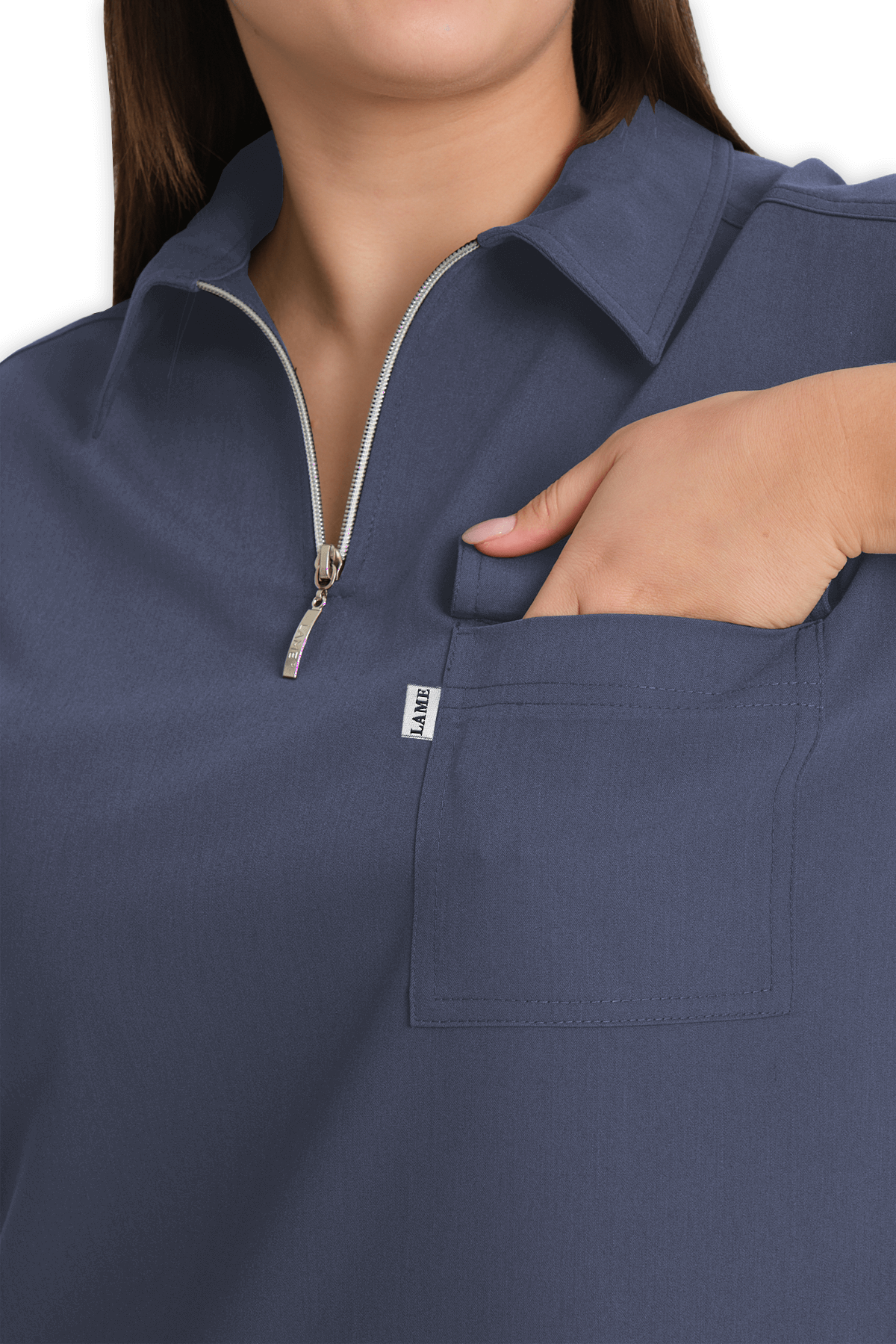 LAME Uniform Kadın Scrubs Üst Polo Yaka Fermuarlı – Açık Gri