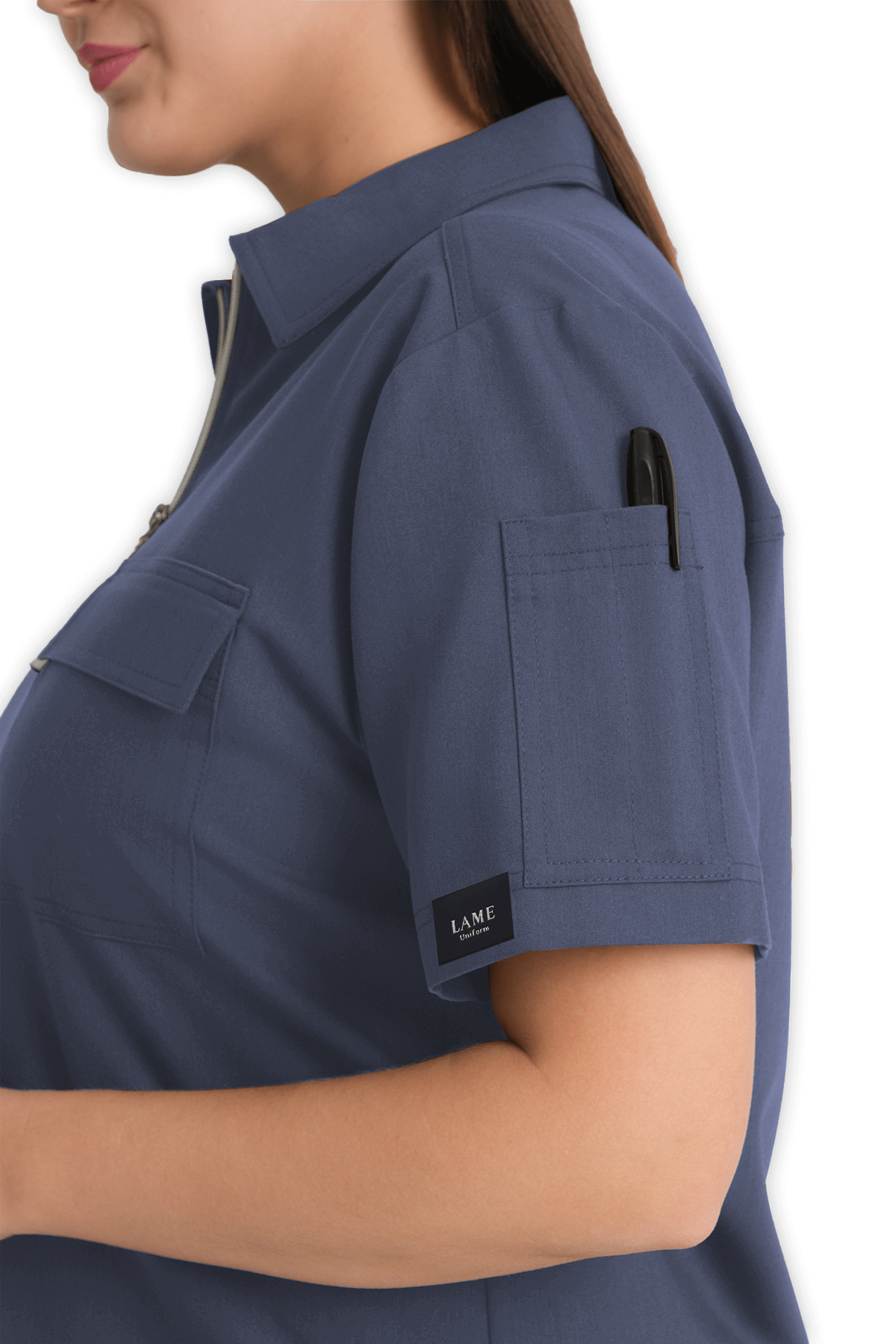 LAME Uniform Kadın Scrubs Üst Polo Yaka Fermuarlı – Açık Gri