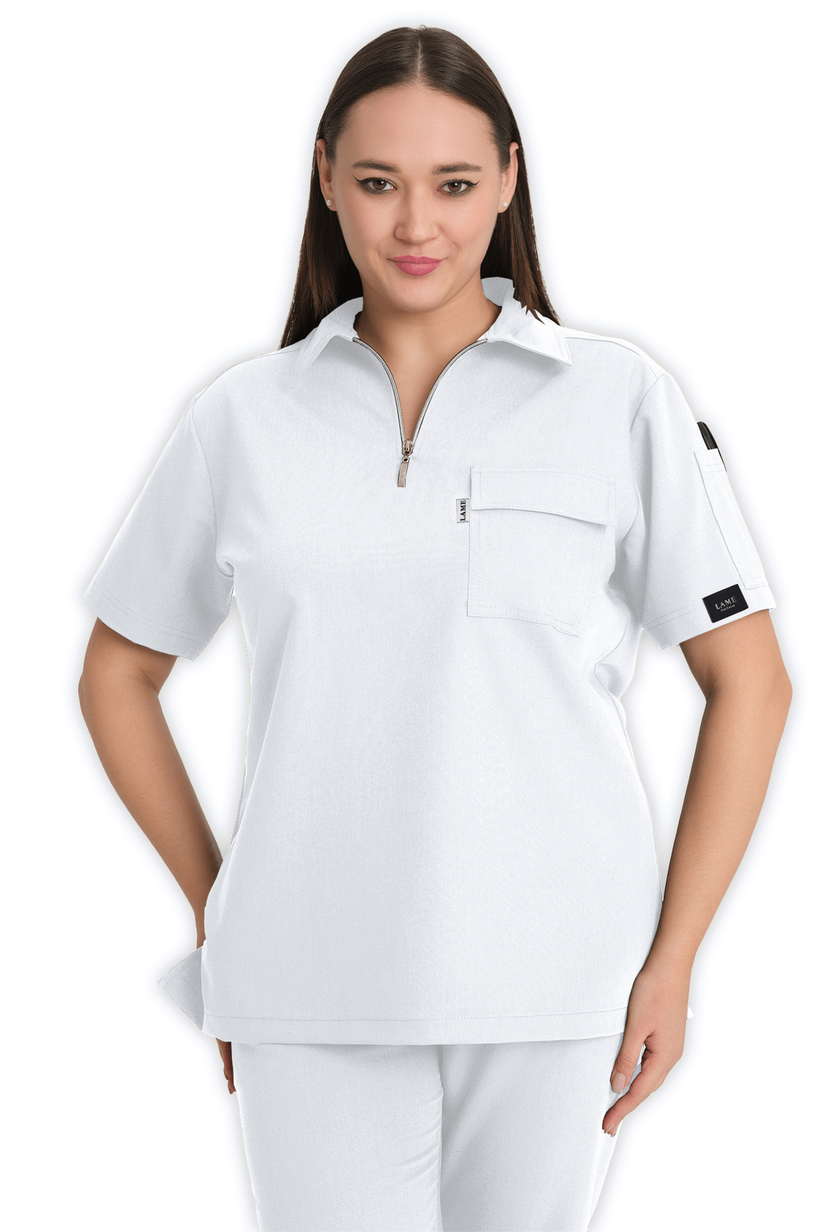 LAME Uniform Kadın Scrubs Üst Polo Yaka Fermuarlı – Beyaz