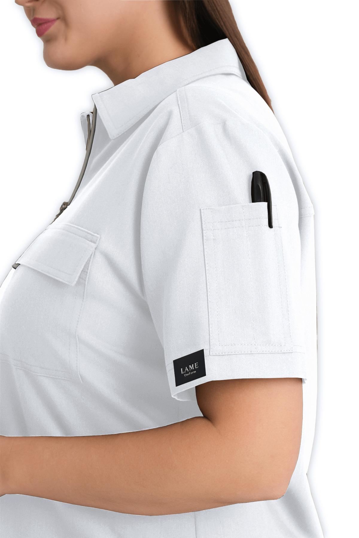 LAME Uniform Kadın Scrubs Üst Polo Yaka Fermuarlı – Beyaz