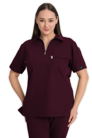 LAME Uniform Kadın Scrubs Üst Polo Yaka Fermuarlı – Bordo
