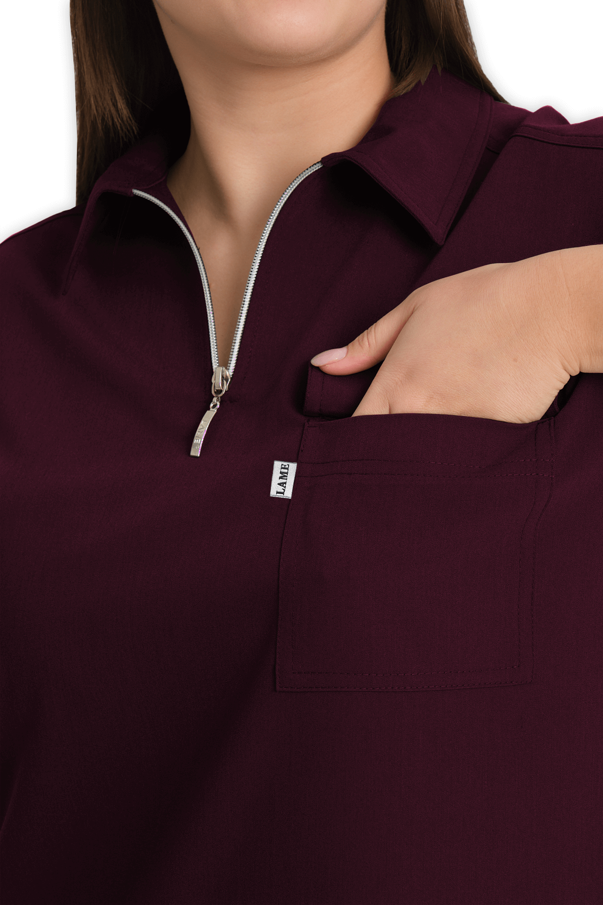 LAME Uniform Kadın Scrubs Üst Polo Yaka Fermuarlı – Bordo