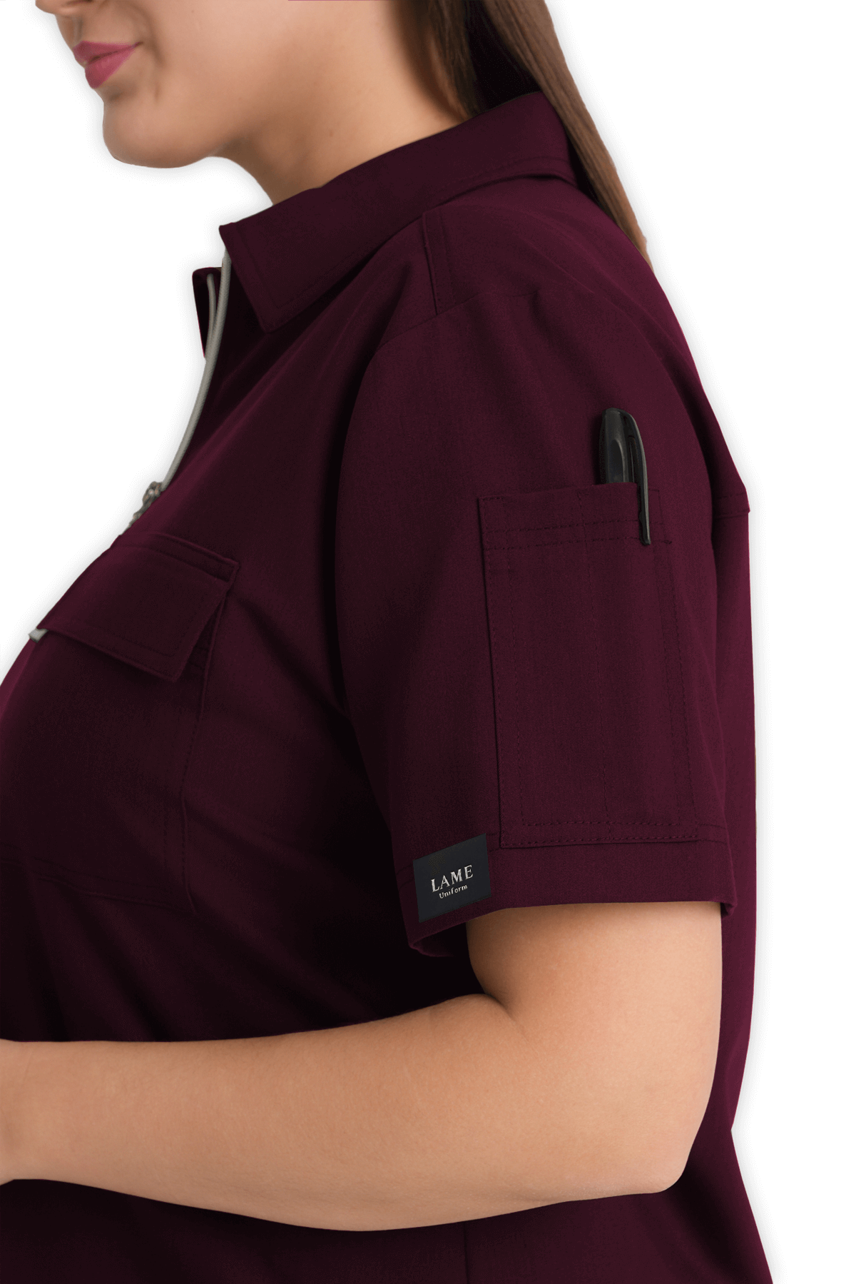 LAME Uniform Kadın Scrubs Üst Polo Yaka Fermuarlı – Bordo