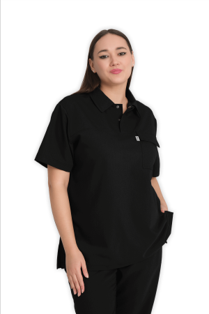 LAME Uniform Kadın Scrubs Üst Polo Yaka – Siyah